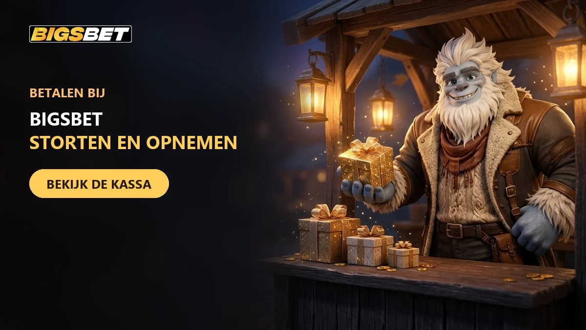 08 biggy de yeti geeft een gouden cadeaudoos vanachter een houten kraam bij bigsbet